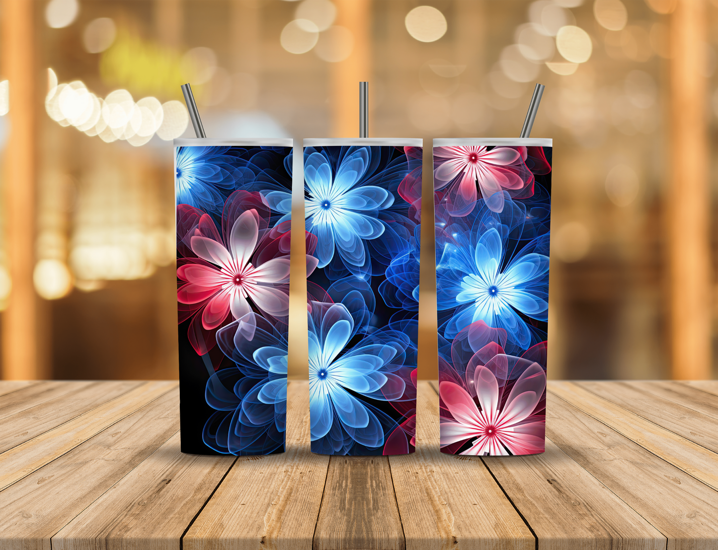 Red White Blue Neon Flowers 20 oz Tumbler Design Digital Download #532