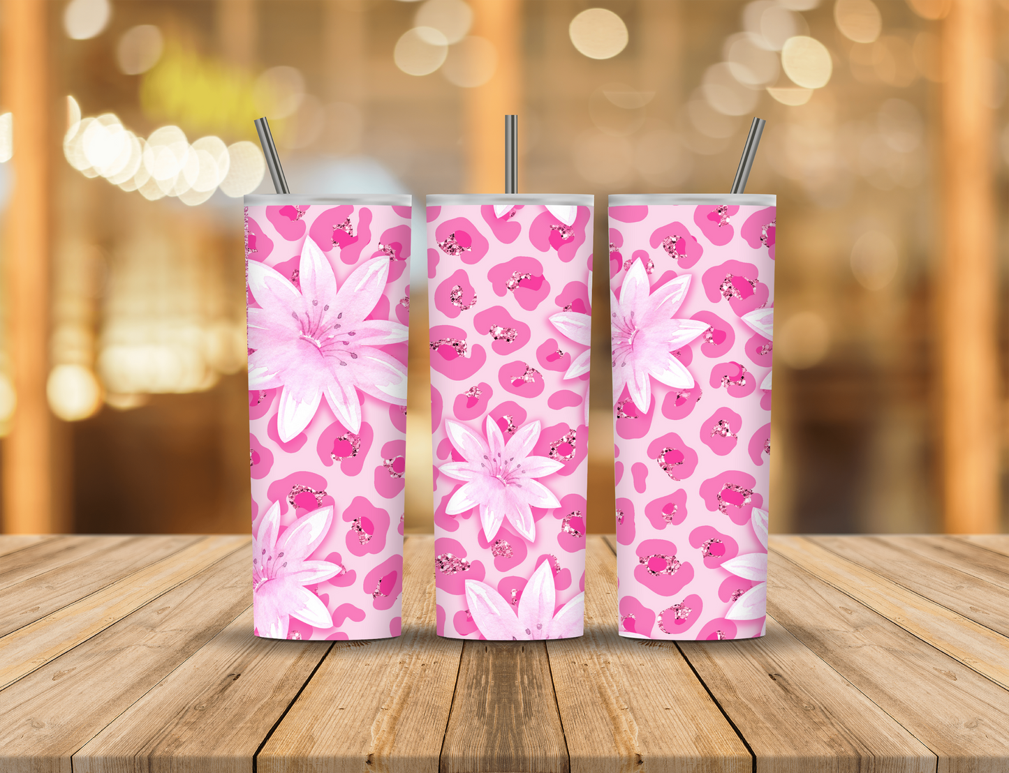 Pink Flowers Animal Print Glitter 20 oz Tumbler Design Digital Download #19