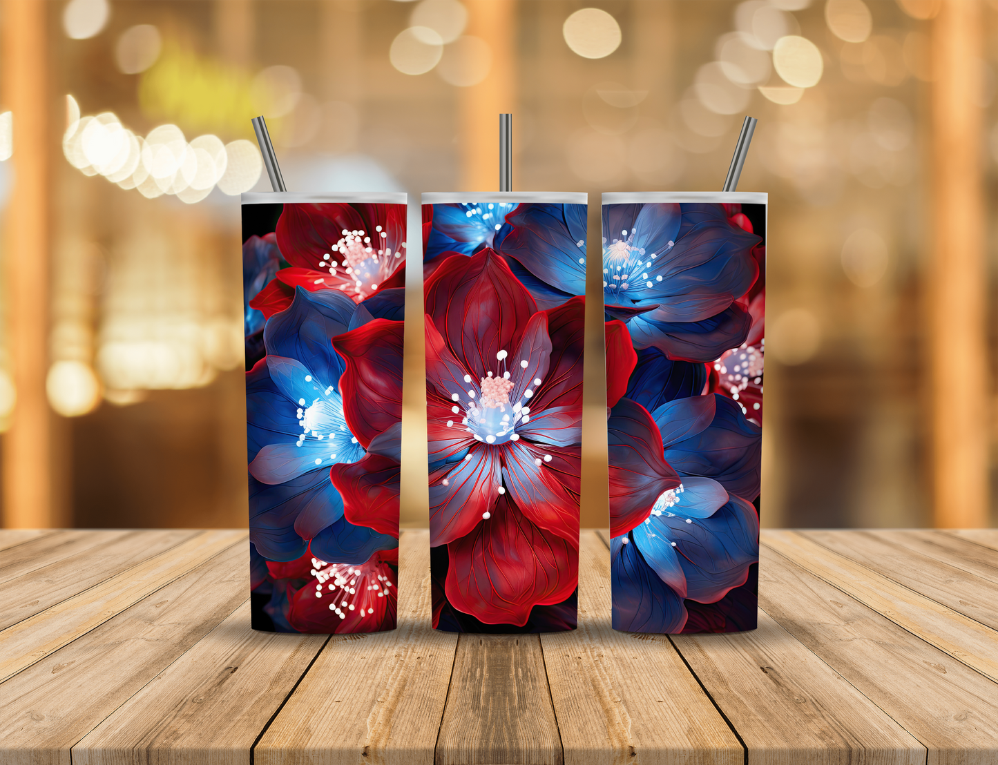 Red White Blue Neon Flowers 20 oz Tumbler Design Digital Download #531