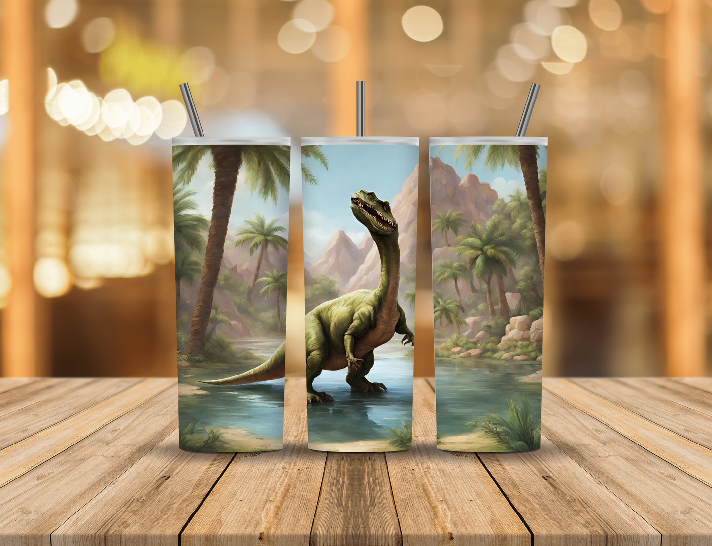 Mountains Palm Trees River Dinosaur 20 oz Tumbler Design Digital Download #278