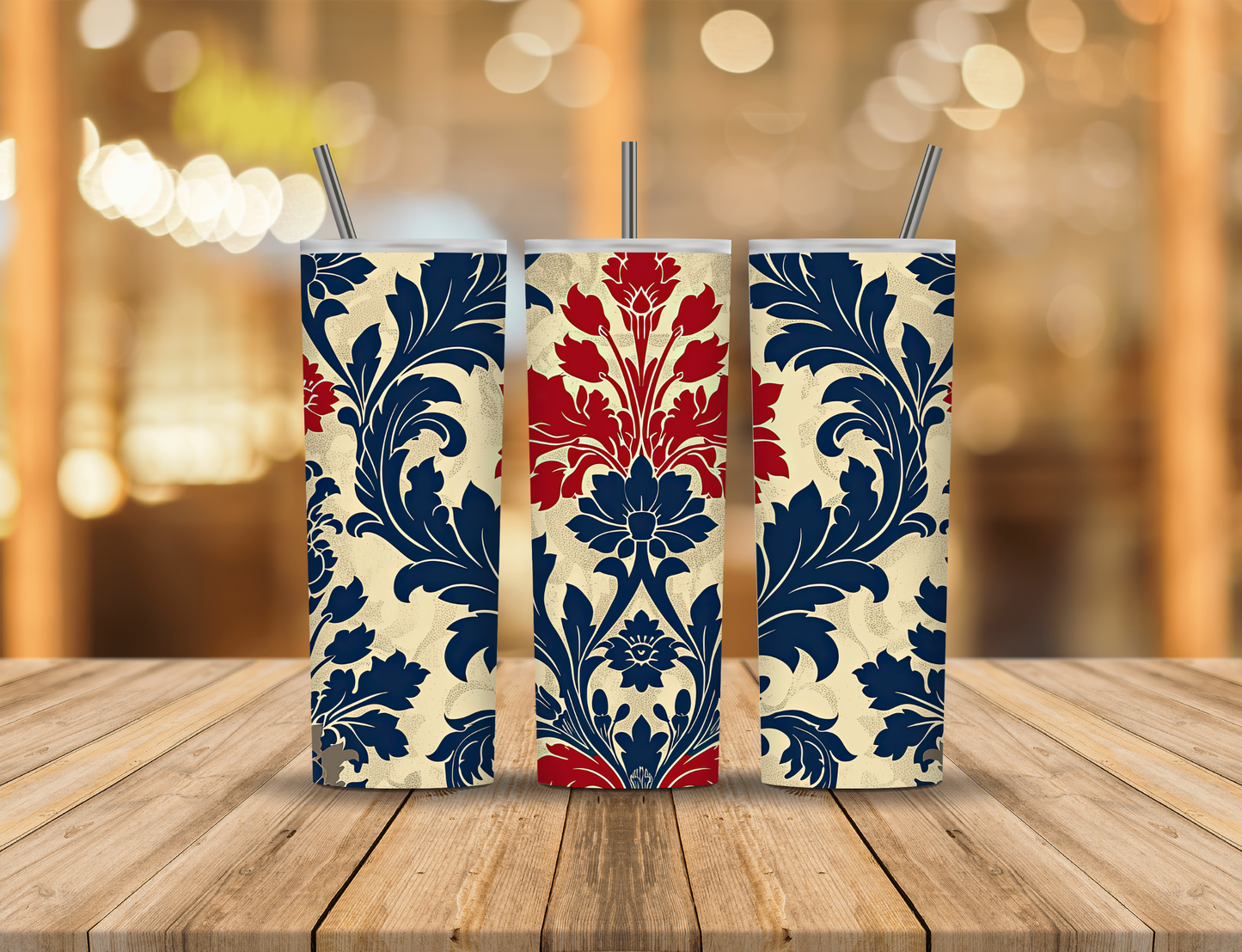 Red Cream Blue Damask 20 oz Tumbler Design Digital Download #459