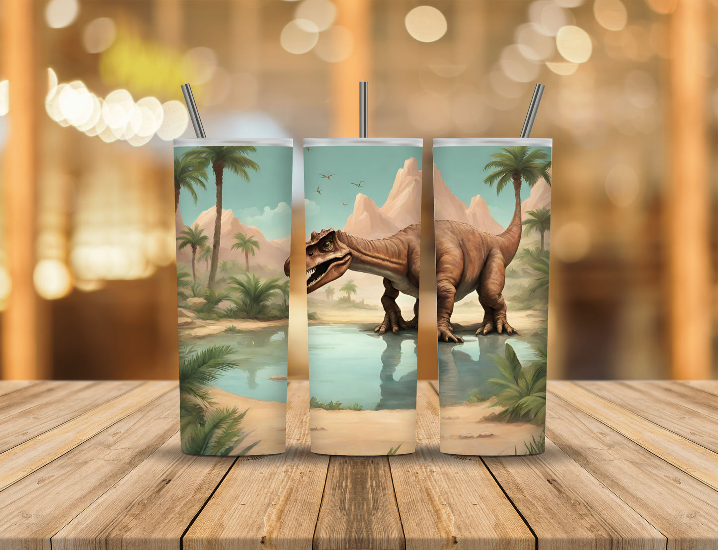 Summer Mountains Palm Trees Lake Dinosaur 20 oz Tumbler Design Digital Download #294