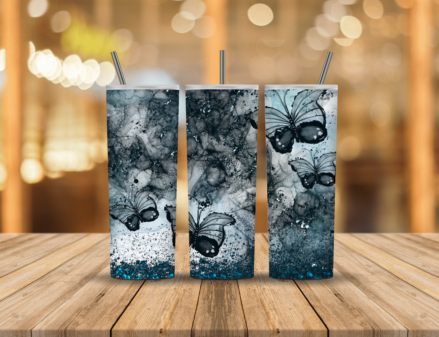 Black Silver Blue Glitter Butterfly 20 oz Tumbler Design Digital Download #416