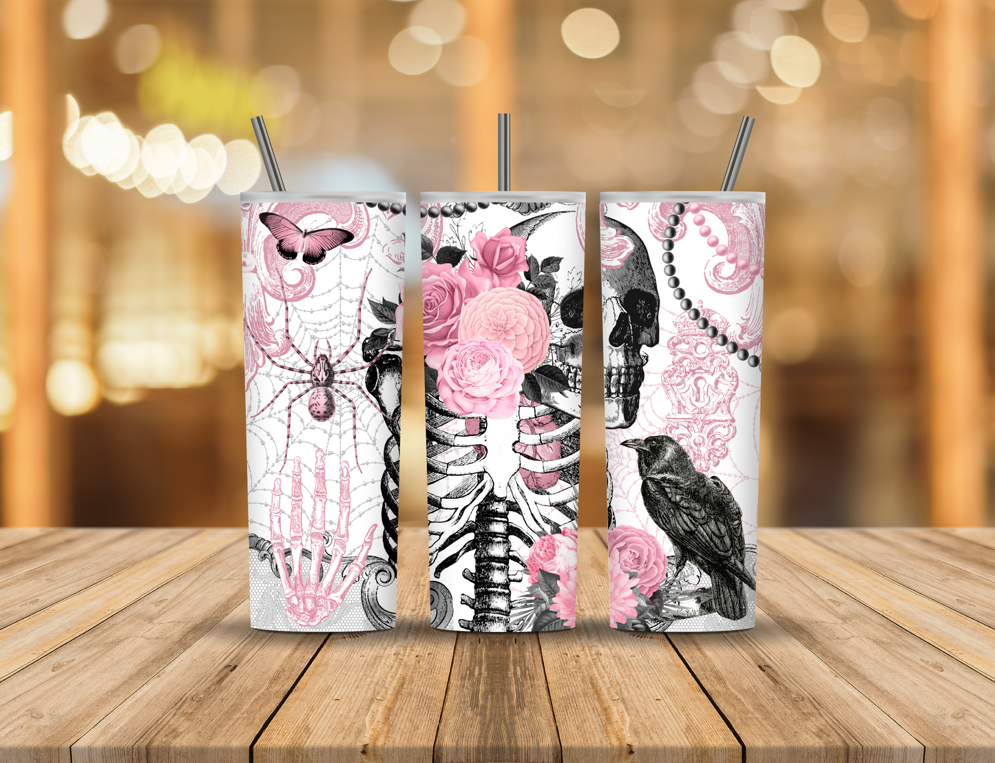 Skeleton Spider Bird Butterfly Pearls Flowers Pink 20 oz Tumbler Design Digital Download #755
