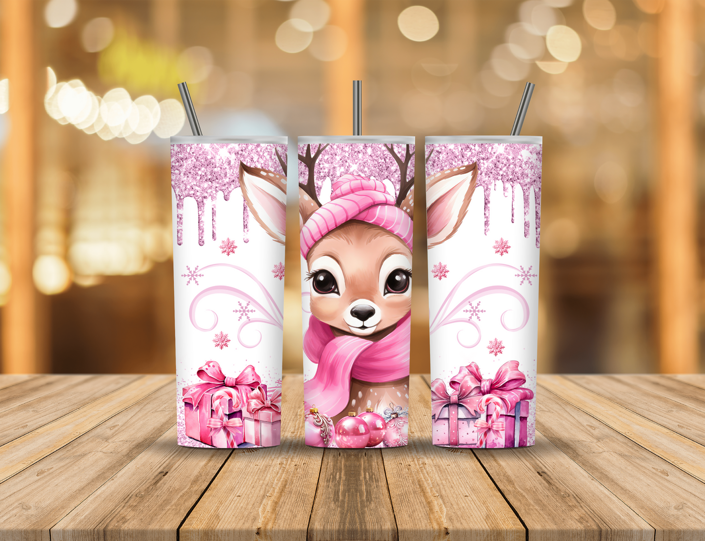 Pink Christmas Deer 20 oz Tumbler Design Digital Download #415