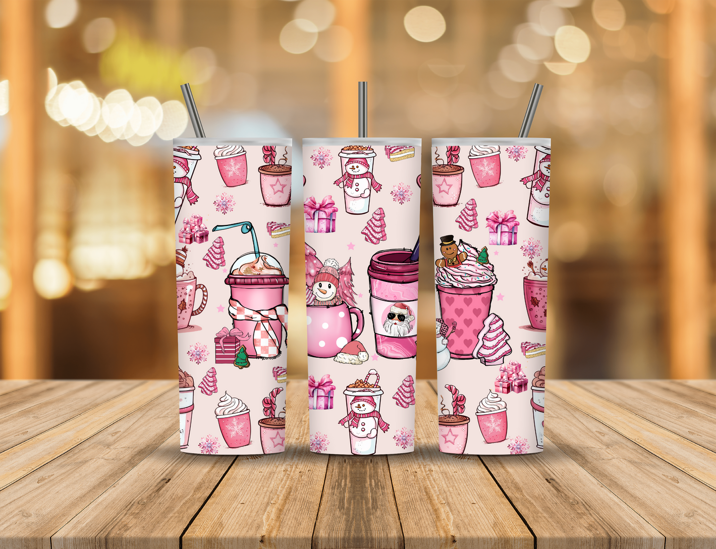 Pink Christmas Cups Santa Snowmen 20 oz Tumbler Design Digital Download #473