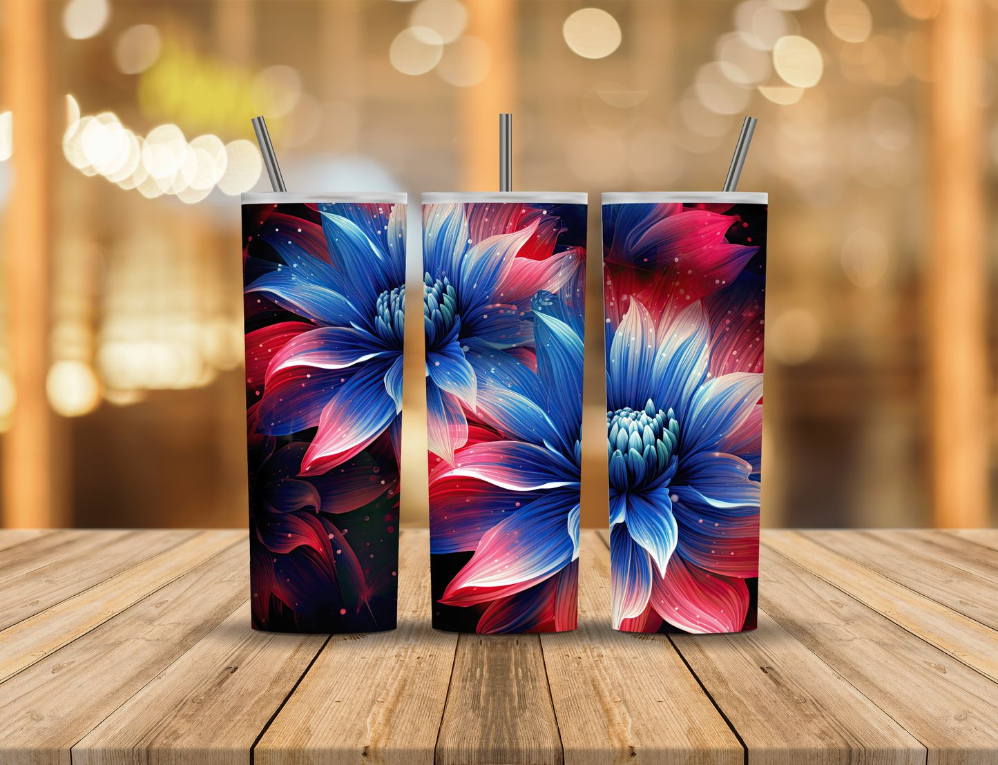 Red White Blue Neon Flowers 20 oz Tumbler Design Digital Download #529