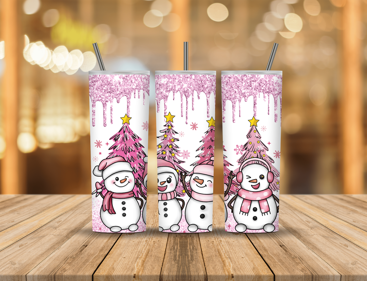 Pink Glitter Snowman Christmas Trees 20 oz Tumbler Design Digital Download #424