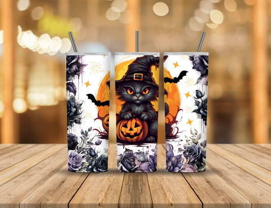 Black Cat Witch's Hat Pumpkin Halloween Flowers 20 oz Tumbler Design Digital Download #730