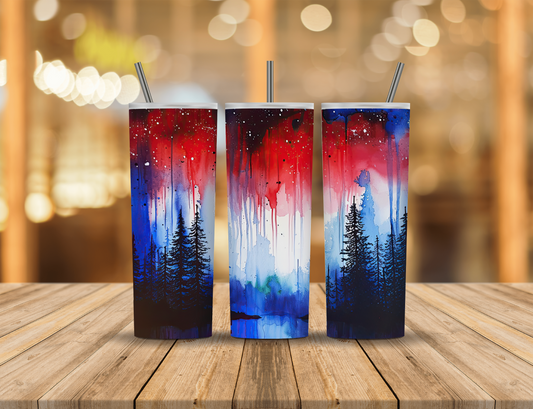 Red White Blue Northern Lights Nature Mountains Lake River Forest 20 oz Tumbler Design Digital Download #628