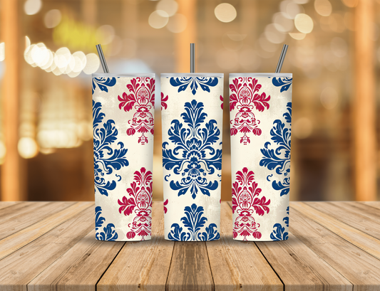 Cream Red Blue Damask 20 oz Tumbler Design Digital Download #501