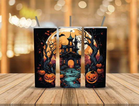 Haunted House Forest Trees Halloween Pumpkins 20 oz Tumbler Design Digital Download #758
