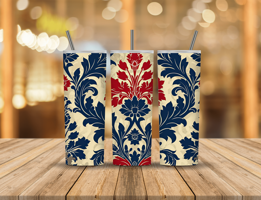 Red Cream Blue Damask 20 oz Tumbler Design Digital Download #459