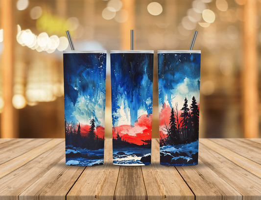 Red White Blue Northern Lights Mountains River Lake Nature Forest 20 oz Tumbler Design Digital Download #629