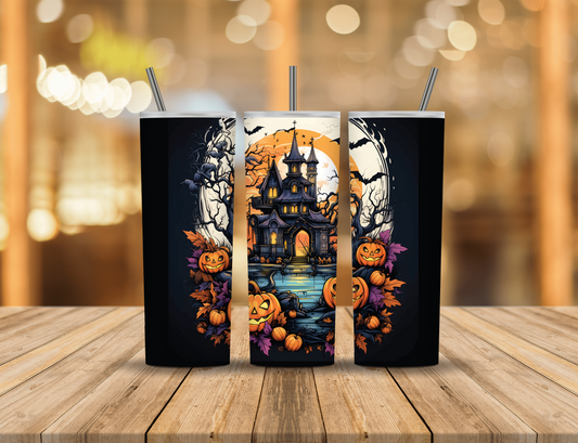 Halloween Haunted House Forest Trees Pumpkins Bats 20 oz Tumbler Design Digital Download #760