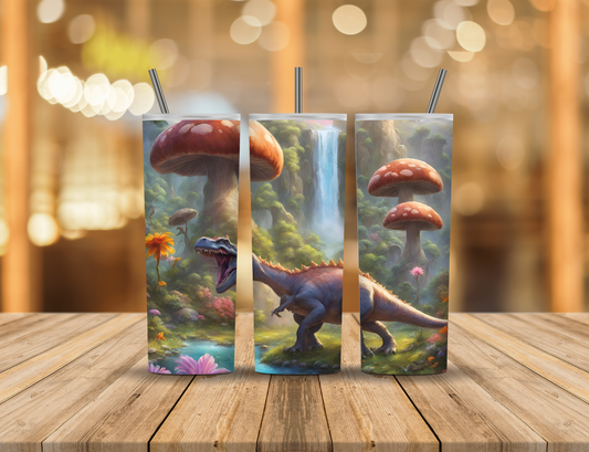 Dinosaur Jungle Forest Tropical Mushrooms Lake Waterfall 20 oz Tumbler Design Digital Download #284