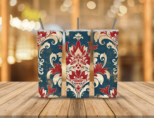Blue Red Cream Damask 20 oz Tumbler Design Digital Download #490
