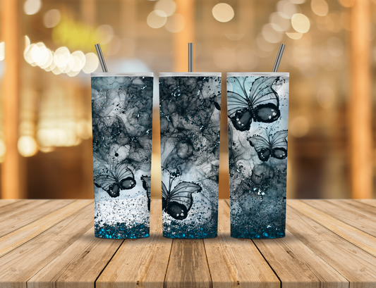 Black Silver Blue Glitter Butterfly 20 oz Tumbler Design Digital Download #416