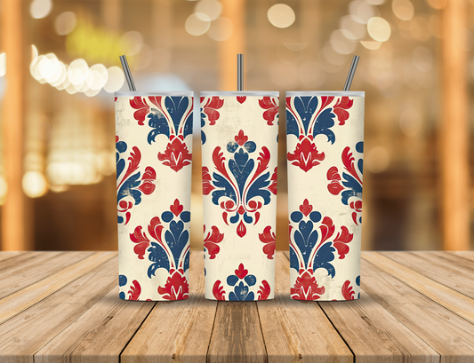 Cream Red Blue Damask 20 oz Tumbler Design Digital Download #500