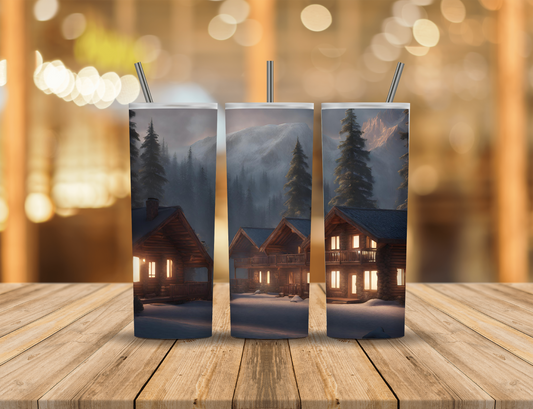 Nighttime Camping Cabin Mountains Forest Lake 20 oz Tumbler Design Digital Download #281