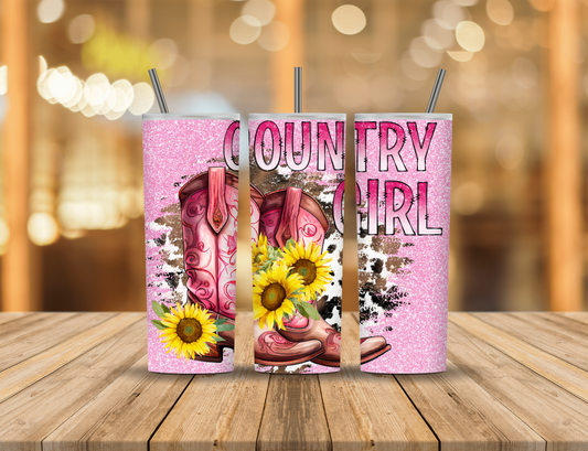 Country Girl Pink Glitter Cowboy Boots Sunflowers Animal Print 20 oz Tumbler Design Digital Download #419